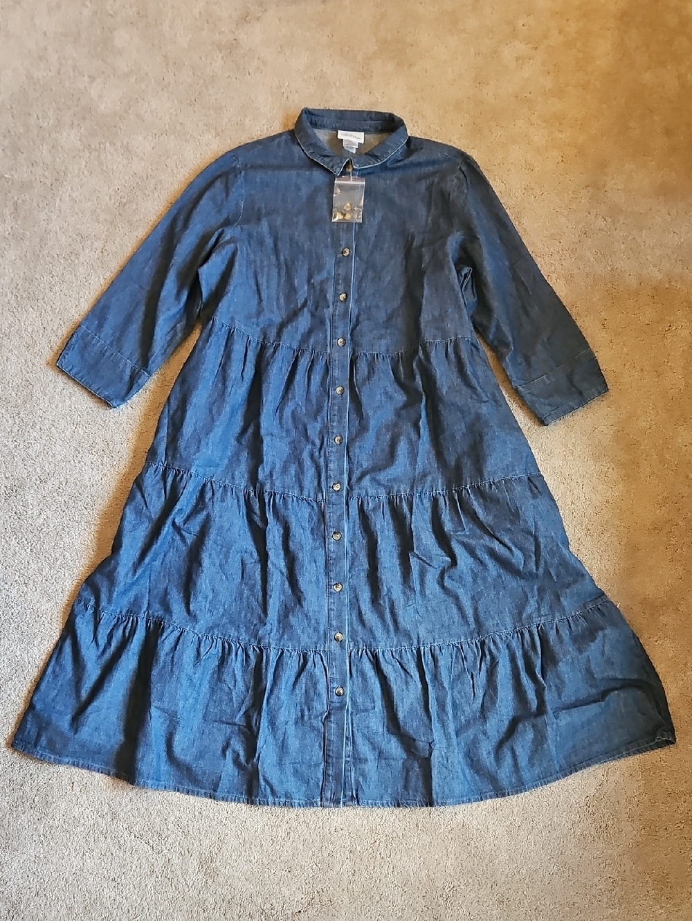 Vermont Country Store Womens Denim 100% Cotton Tiered Midi Shirt Dress